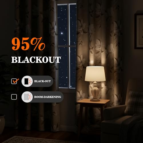 Image of MYSKY HOME Floral Boho Blackout Curtains 54 Inch Length 2 Panels Set Black Out Thermal Insulated Room Darkening Printed Flower Grommet Window Drapes Bedroom Living Room, Pack-2, 52 inchW Each Panel, Khaki