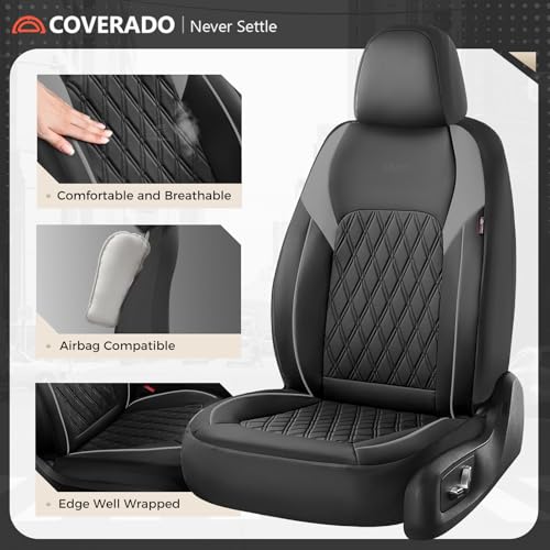 Image of Coverado Car Seat Covers Full Set, Automotive Seat Covers for Cars, Leather Seat Covers, Car Seat Covers Front Seats Back, Car Seat Protector Car Seat Cushion Universal Fit Most Cars Trucks Black&Grey