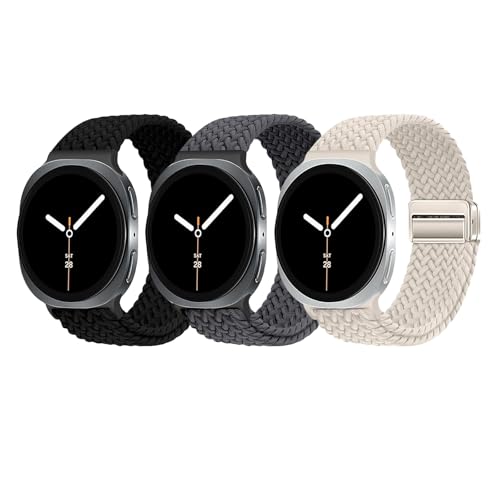 Image of 3 Pack Magnetic Braided Band for Samsung Galaxy Watch 9 8 40mm 44mm, Galaxy Watch8 Classic 46mm, One Click No Gap Elastic Stretchy Nylon Fabric Sport Strap for Women Men (Black /Gray /Star Light)