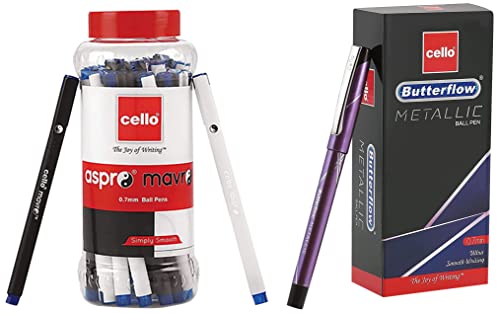 Image of Cello Aspro Mavro Ball Pen Set (Bulk Pack of 50 pens with Stand- Assorted) Butterflow Metallic Ball Pen