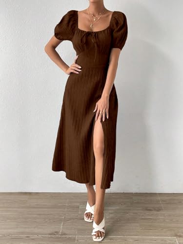 Image of Shasmi Women's & Girl's Tie Front Split Thigh Milkmaid Maxi Dress - Square Neck Puff Sleeve A-Line Long Dress, Elegant Casual & Parties Wear for Ledies (Dress 245)