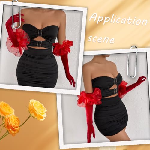 Dark Red Opera Party Gloves Long Vintage Soft Satin Velvet Costume Formal with Polyester Ruffle Tulle Cuff Elbow Length Arm Sleeves Glove for Women Prom Banquet Dancing Dress Gift4