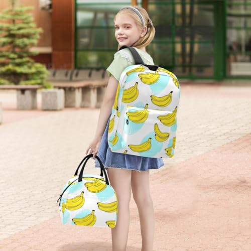 MCHIVER Banana Fruit Blue School Backpacks for Boys & Girls Light Weight Bookbag set with Lunch Box Rucksack for School Work 2 Pcs 16.5 Inch2