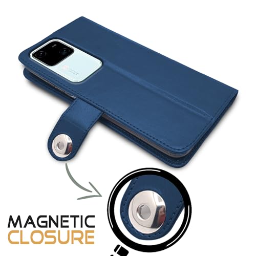 Image of Pikkme Vivo V30 5G Flip Cover Leather Finish | Inside TPU with Card Pockets | Wallet Stand and Shock Proof | Complete Protection Button Flip Case (Blue)
