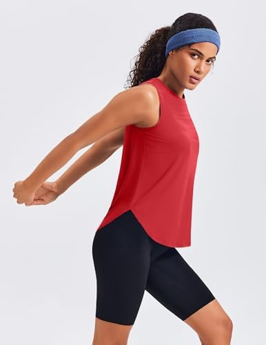 PINSPARK Women's Workout Tank Tops Back Pleat Loose Fit Sleeveless Yoga Athletic Shirts Soft UPF 50+ Cooling Running Gym Tops, Red, Medium