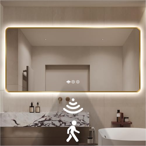 nolsia 66 x 36 Gold LED Bathroom Mirror, Metal Framed Rounded Corner Rectangle Backlit Mirror Bathroom, Anti-Fog, 3-Color Stepless Dimmable Lighted Mirror, Motion Sensor Lights, Memory Function
