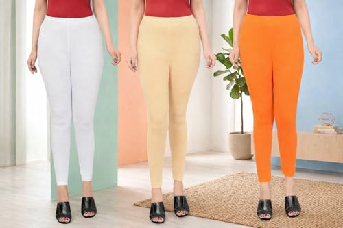 Image of Women Ankle Length Leggings Combo Multicolour Stretchable Cotton Yoga Gym Workout Pants Lyra Jeggings Casual Slim Fit
