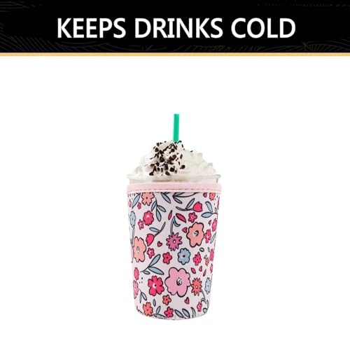 Image of YR Reusable Neoprene Insulator Sleeve for Iced Coffee Cups, 3 Pack Coffee Coolies sleeves for Iced & Hot Drinks, Cold Beverage Cooler Compatible with Starbucks Coffee and More (Pink Floral Garden)