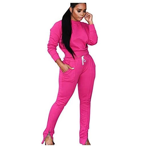 Women Solid 2 Piece Outfits Top and High Waist Slit Pants Sport Jumpsuits Sweatsuit Set Pink