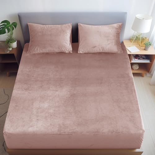 Image of Cloth Fusion 200 TC Warm Winter Elastic Fitted Bedsheet for Double Bed King Size with 2 Pillow Covers, Cozy Woolen Bedsheets for Double Bed (78X72X8 inches, Blush Pink)