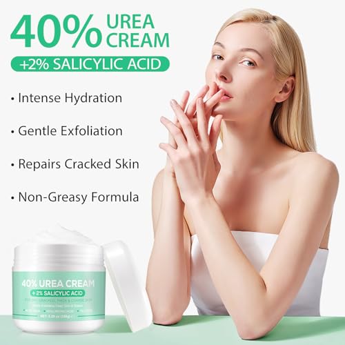 XIAMOFUZHOU Urea Cream 40 Percent for Feet - 40% Urea Cream Plus 2% Salicylic Acid with Hyaluronic Acid,Tea Tree, Aloe Vera for Dry Cracked Heels, Knees & Maximum Strength Foot Deep Moisturizer(5.29 OZ)