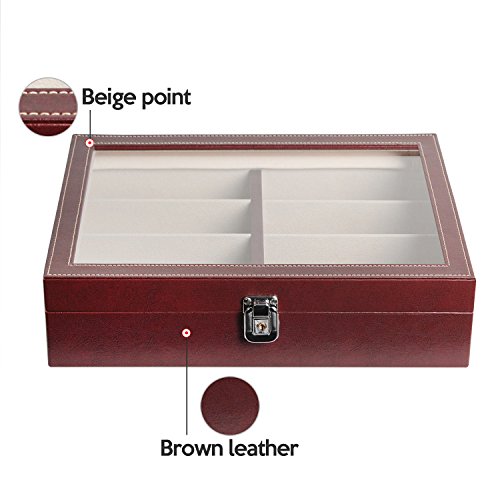 JackCubeDesign Leather 8 Compartments Eyeglass Display Organizer Eyeglasses Sunglass Storage Case Box Eyewear Tray Stand Suede Inside with Acrylic Cover(Brown, 17.4 x 6.7 x 1.97) – :MK379B