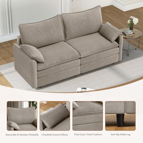 Image of Vesgantti 74 inch Loveseat Sofa for Living Room, Comfy Cloud Couch Deep Seat Chenille Modern 2 Seater Small Sofa with Armrest Pillow, Easy Assembly for Small Spaces, Light Brown