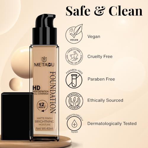 Image of High-Definition Foundation for Women - 40ml, Matte Finish, Full Coverage, Waterproof & 12h Long-Lasting, HD Liquid Foundation for All Skin Types, Hyaluronic Acid, Vitamin E, SPF 15, 100% Vegan, (Colour - Gold)