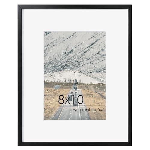 FLYJOE 8x10 Picture Frame - Metal Frame With Mat 5x7 | 8 x 10 Aluminum Photo Frame | Plexiglass And Hanging Hardware Included | Black 8x10 Picture Frame | Black