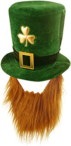 Dreamzfit St Patrick's Day Hat with Beard, Irish Shamrock Velvet Top Hat & Beard Set for Adults Fancy Dress Party, Pub Crawls
