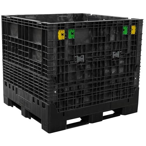 Image of Buckhorn 48 inch x 45 inch x 44 inch Collapsible Bulk Box Container, Extra-Duty Plastic Stacking Gaylord Box with 4-Way Forklift Access and 2 Drop Doors, 1700 lb Capacity Storage Tote, Black (BR48454420)