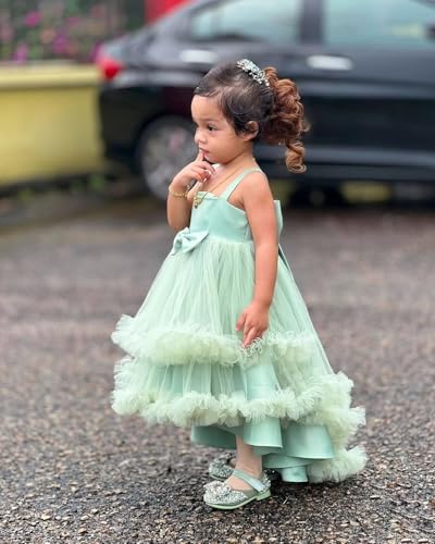 High Low Flower Girls Tulle Satin Pageant Dress for Wedding Bowknot Princess Bridesmaid Formal Ball Gown3