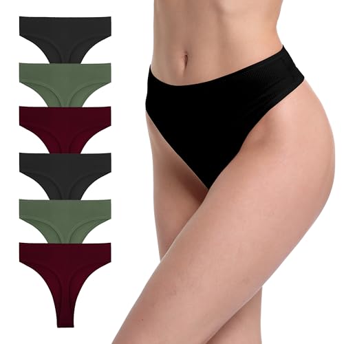 Image of 6 Pack Women's Ribbed Cotton Thongs High Waist Panties Underwear | GAREDOB 6 Pack Women's Ribbed Cotton Thongs High Waist Seamless Panties Plus Size High Rise No Show Underwear