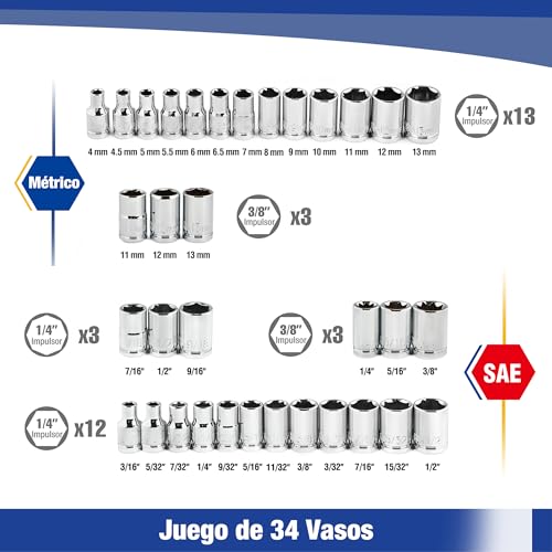 Miniatura 2 de Workpro - Juego De Llaves De Vaso, Cr-V, 9,5 Mm 1 4 Y 6,35 Mm 3 8 Y Tinquete De Liberación Rápida 39 Piezas