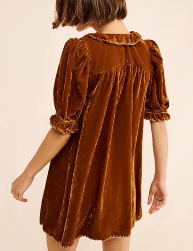 Women's Velvet Mini Dress V-Neck Puffy Short Sleeve Embroidered Short Dress Vintage Floral Holiday Party Dress3