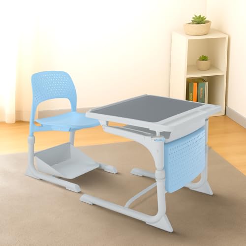 BONTON Berkeley Kids Premium Study Table & Chair Set for 4-10 Year Boy/Girl - Patented Design with Inclined Desk Top, Active Motion Seat, Adjustable Height, Multipurpose Tray, Stationery & Book Holder