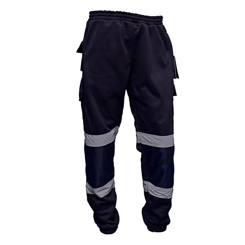 LJ Mens Hi Vis Viz Jogging Bottoms Combat Trousers Safety Sweat Pants Super Soft Fleece Workwear Joggers (Navy, Large)