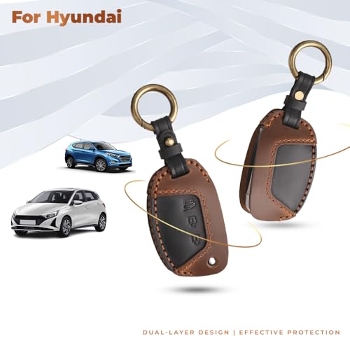 Image of Keyzone dual leather key cover for Hyundai Exter, i20, Creta, Venue, Tucson, Alcazar, Grand I10, Aura, Xcent flip key