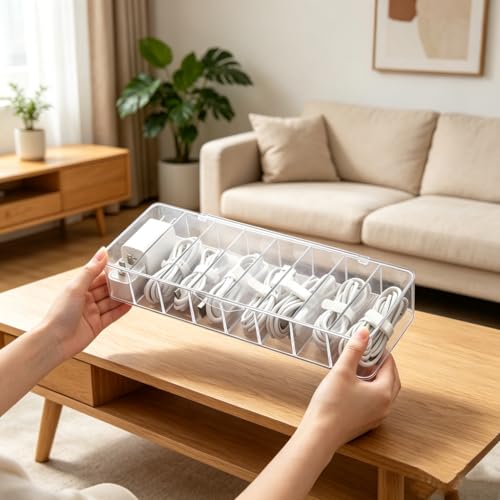 Image of 4Pcs cord organizer box with Lid, 10.2 x 3.5 x 2.2in, Desktop Cord Organizer with Compartments (4)