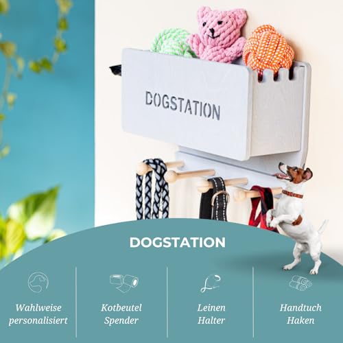 INEXTERIOR Hundegarderobe CLASSIC aus Holz - personalisierbar - in Deutschland handgefertigt - Aufbewahrung für Hundeleinen (Grau, Schriftzug Dogstation)
