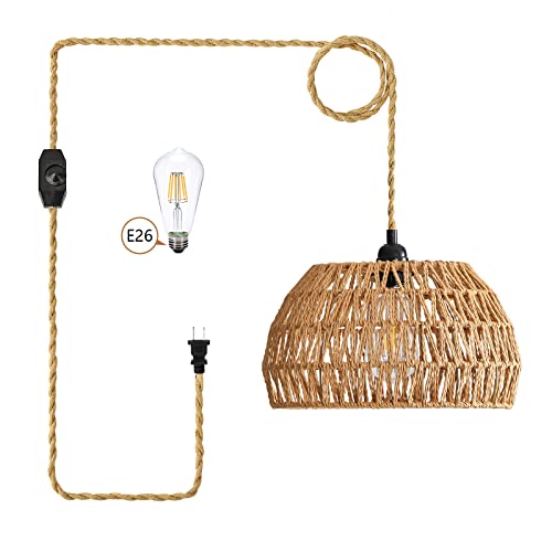 Yarra-Decor Boho Woven Rattan Pendant Light Linen Hanging Basket Lamp With 15Ft Hemp Plug-In Cord Dimmable Switch Handwoven Lamp Shade Light For Bedroom, Hallway, Farmhouse, Living Room, Bulb Included #TOP25