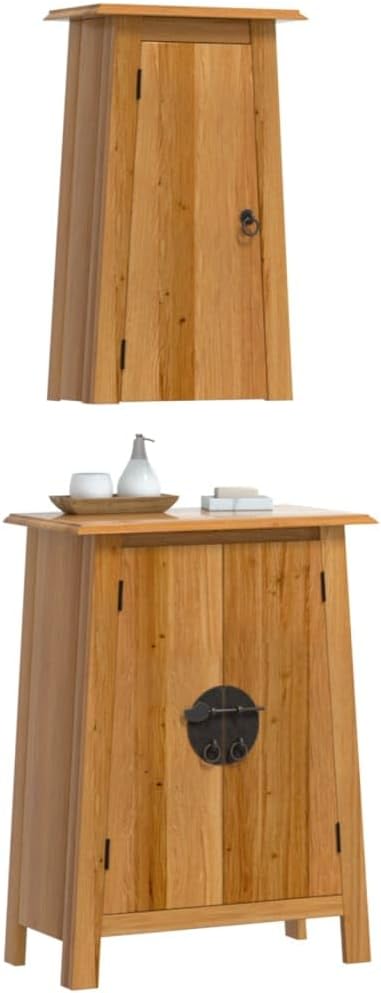 Natural Pine Solid Wood Bathroom Furniture Set, Rustic Side & Wall Cabinets for Storage, Durable Rectangular Vanity Cabinet Organizer