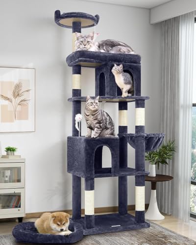 Globlazer Tiragraffi Grandi per Maine Coon, Tiragraffi per Gatti Alto 183 cm con Grotte Piattaforma Cesto Cuccia, Albero Gatti Stabile per Gatto Adulti Riposare Giocare Interno (S72, Grigio Fumo)