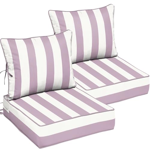 Image of 22x24 Outdoor Chair Cushions Set of 2, Waterproof Deep Seat Cushions for Patio Furniture with Removable Cover, Fade Resistant 4'' Outdoor Seat Cushion w / Ties Handle for Sofa Couch,Pink White Striped