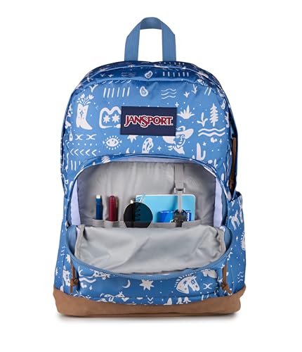 Image of JanSport Right Pack Backpack - Durable Daypack with Padded 15 inch Laptop Sleeve, Spacious Main Compartment & Integrated Water Bottle Pocket - Yeehaw And Horses Elemental Blue /Cream