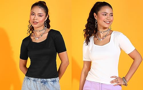 Image of POPWINGS Casual Solid Square Neck Short Sleeves Summer Wear Tops Combo for Women