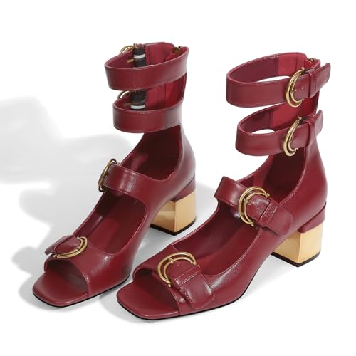 Image of LOCERICH Womens Heeled Sandals Chunky Block Heels Open Toe Strappy Comfortable Ankle Strap Gold Low Heel Dress Shoes for Women - Office, Date, Party, Summer Casual Outings