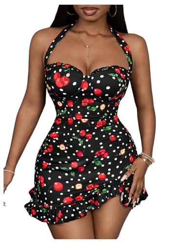 Image of MakeMeChic Women's Summer Mini Dress with Cherries Polka Dot Print Backless Mini Dress