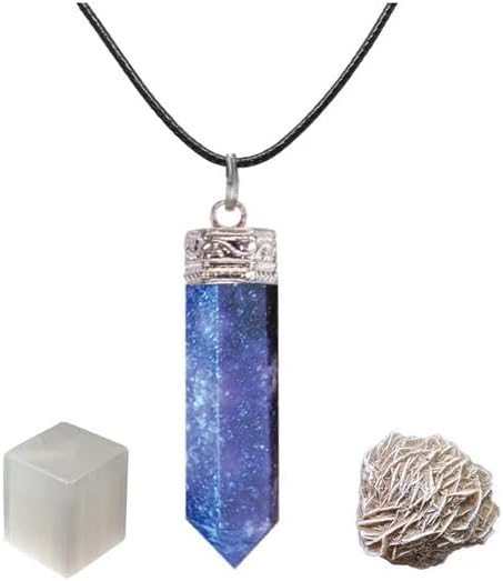 Natural Lepidolite 6 Sided Point Pendant (1 Pcs) with Selenite Cube and Rose Desert Selenite