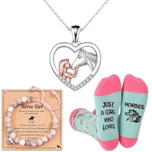BeoTnp 3PCS Horse Gifts for Girls Horse Gifts with Horse Necklace Bracelet and Socks Meaningful Gift For Young Equestrians Birthday Present For Daughters Granddaughters Nieces