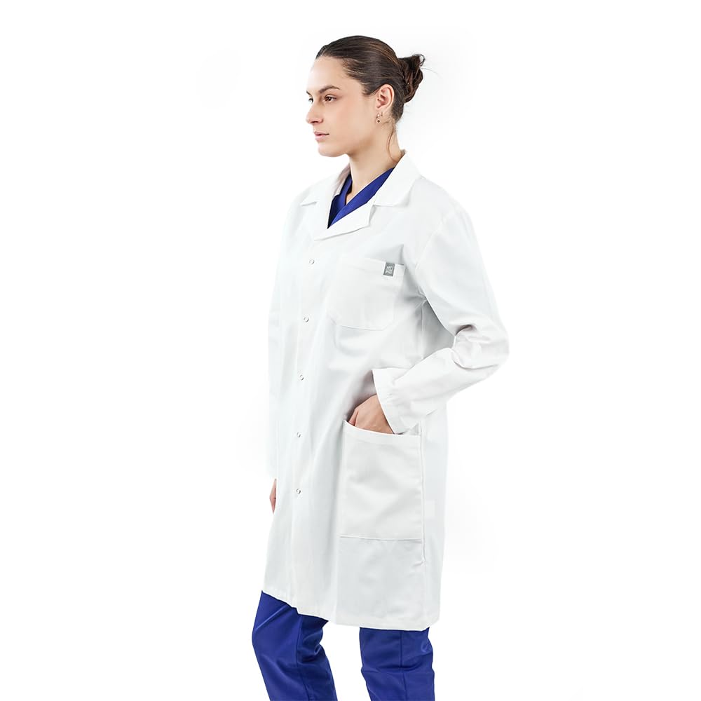 MYLOOKPRO - Bata médica Blanca de Manga Larga Colombia – Bata Profesional Unisex 100% algodón – Botones a presión – 3 Bolsillos – Ropa de Laboratorio, enfermería, odontología y Veterinaria