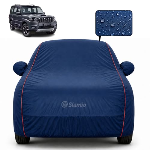 Image of Premium 100% Waterproof Car Cover for Mahindra Scorpio 2022-2026 Models All-Weather, UV & Dust Protection | Heavy-Duty 3-Layer Fabric | Custom Fit with Mirror & Antenna Pockets | Navy Blue