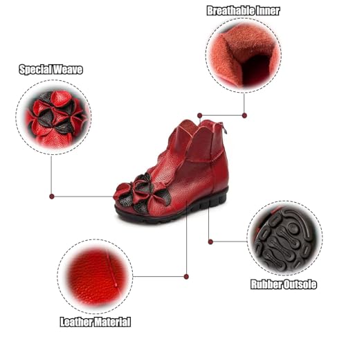 AUNTHUI Women's Leather Fleece Hand-Stitched Wedge Bohemian Flower Ankle Boots,Back Zipper Warm Non-Slip Retro Casual Shoes3