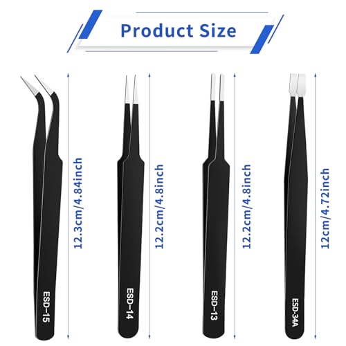 Präzisions Pinzetten Set, 4 Stück Antistatisch Edelstahl Pinzette, Modellbau Edelstahl Pinzette, Nicht-Magnetischen Pinzette, Modellbau Edelstahl Pinzette für Industrie, Elektronische, Handwerk