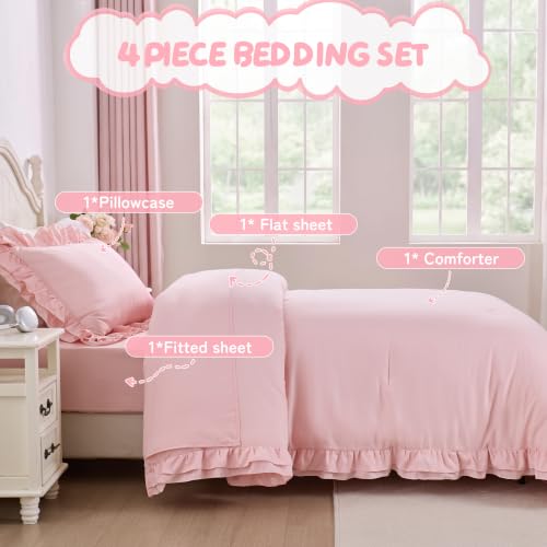 Image of Twin Comforter Set for Girls, Boho Bedding Comforter Sets, 4 Pieces Double Ruffles Comforter Sets with Comforter, Fitted Sheet, Flat Sheet and Pillowcase, Pink