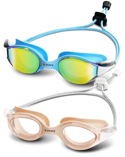Keary 2pc Racing Swim Goggles for Adult Men Women Youth Swimming Goggles Bungee Strap Soft Silicone Leakproof Anti Fog UV Protection 180 ° Panoramic Clear Vision Goggles for Training and Competition