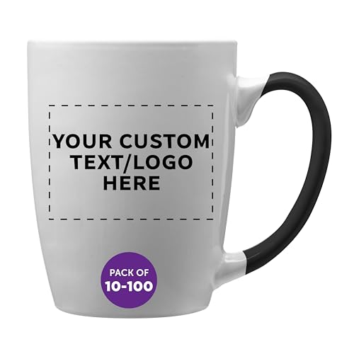 DISCOUNT PROMOS Custom Java Two-Tone Coffee Mugs 12 oz Set of 10/50/100 Personalized Bulk Pack for Coffee Tea Espresso Hot Cocoa Other Beverages - Black
