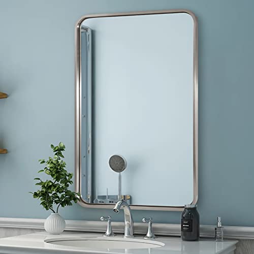 ANDY STAR 22x30'' Brushed Nickel Bathroom Mirror, Rounded Rectangle Brushed Silver Mirror for Bathroom Vanity SUS304 Metal Tube Framed(Rustproof) 1’’ Deep Wall Mounted Vertically/Horizontally by ANDY STAR - Image 3