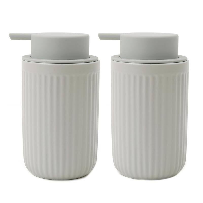 Image of BosilunLife Grey Soap Dispenser Set - 2 Pack 12oz Ceramic Dish Soap Dispenser with Rust Proof Pump for Kitchen, Hand Soap and Lotion Set Suitable for Farmhouse Bathroom Decor