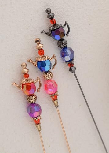 Image of Alilang Magic Lamp Pearl Lady Camo Rose Heart Rhinestones 3Pcs Vintage Long Handle Hat and Lapel Pins with Flexible Bendable Design